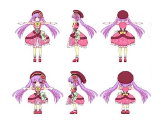 ファンシーな女性キャラクターの等身とSDの3面図